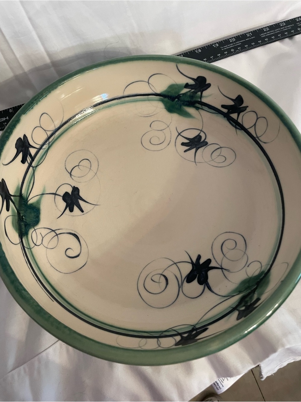 Hand-Painted Clay/pottery Serving Bowl in Green and Cream with Floral Motif